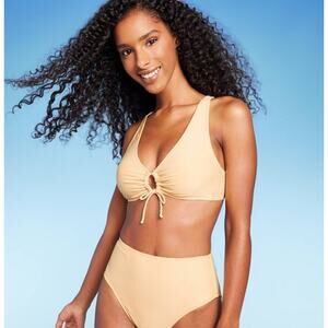 Shade & Shore Lurex Keyhole Tall Triangle Bikini Top Yellow NWT Size S